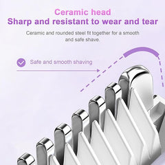 Ceramic head of a shaving product with text on a purple background