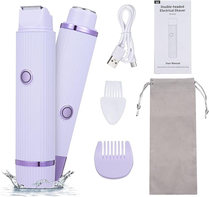 Purple double-headed electrical shaver with accessories and packaging on a white background